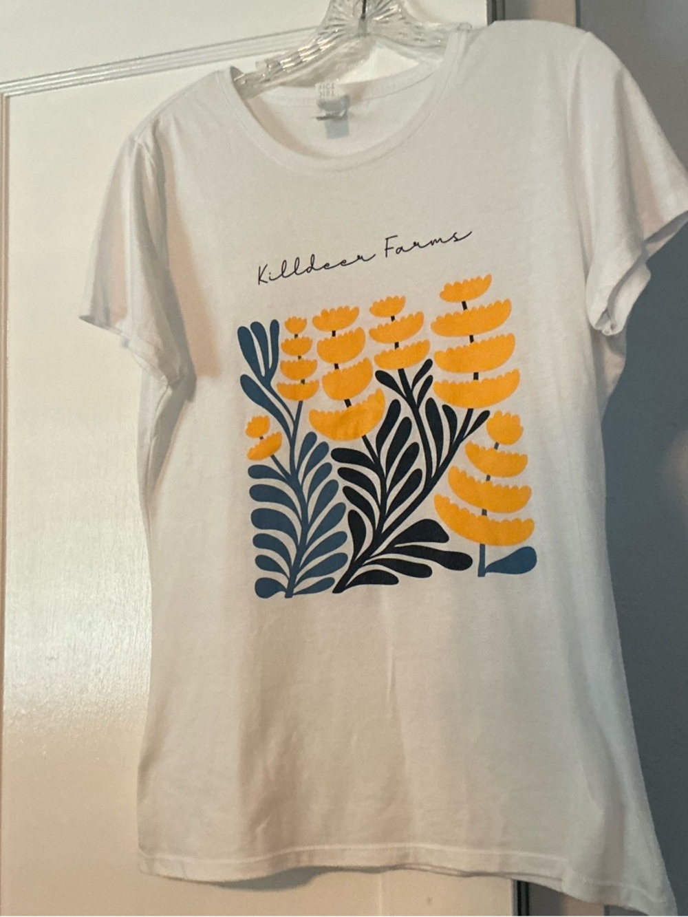 White Graphic Tee with Yellow & Navy Floral Print, pre-owned